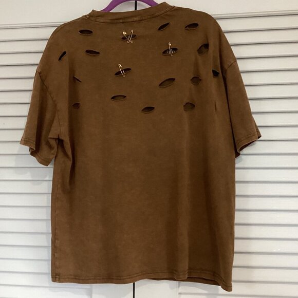 AKIRA Freedom Oversized Tee Size L Motorcycle Distressed Brown T-Shirt W/Chains - Picture 4 of 13